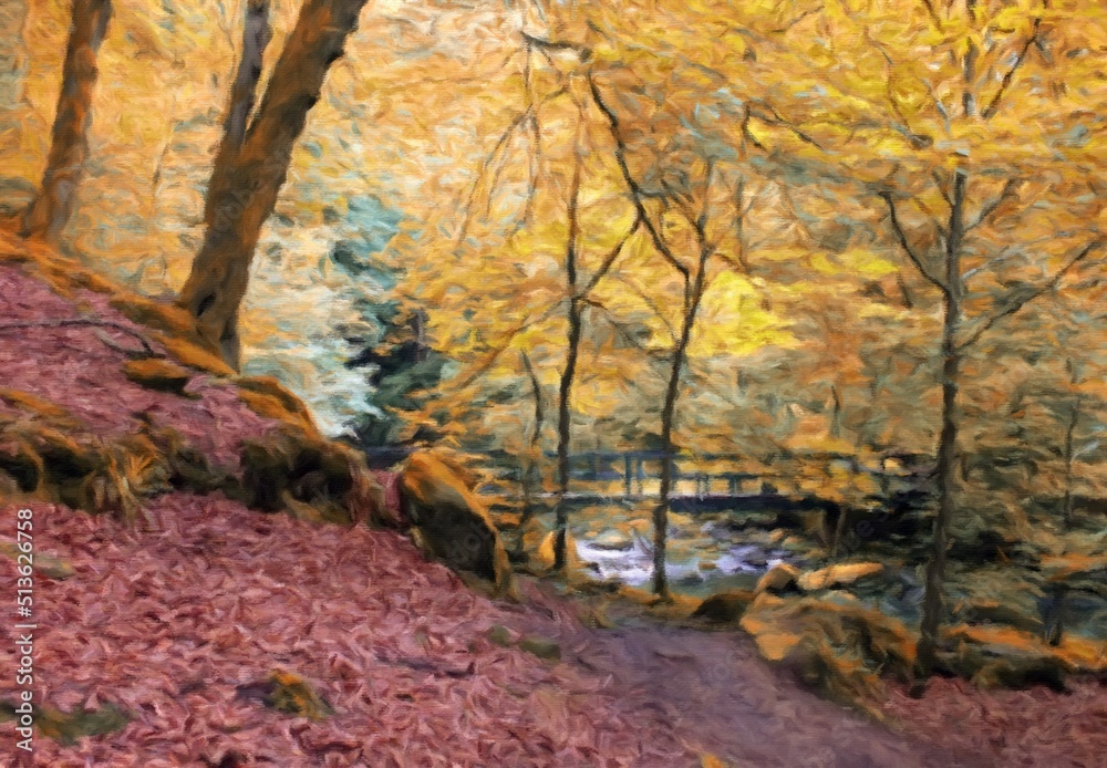 digital oil painting of beautiful autumn woodland with river and wooden bridge