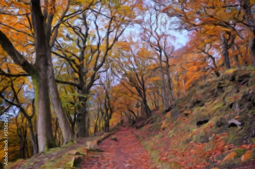 digital oil painting of woodland forest lane in autumn forest