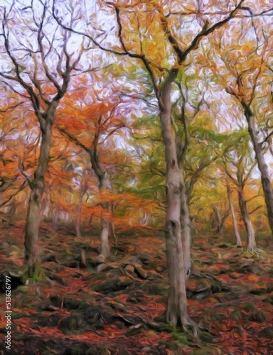 digital impressionist style painting of autumn woodland with colorful leaves and tall trees growing in a moss covered rocky hillside