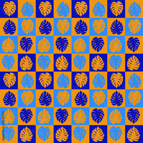 Abstract geometric pattern of squares and Adam's rib Monstera  in golden, light blue and dark blue colors. Vector illustration for various prints.