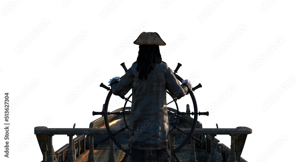 Fototapeta premium the pirate captain holds the ship's steering wheel and sails across the sea on a sailing pirate ship render 3d on white background