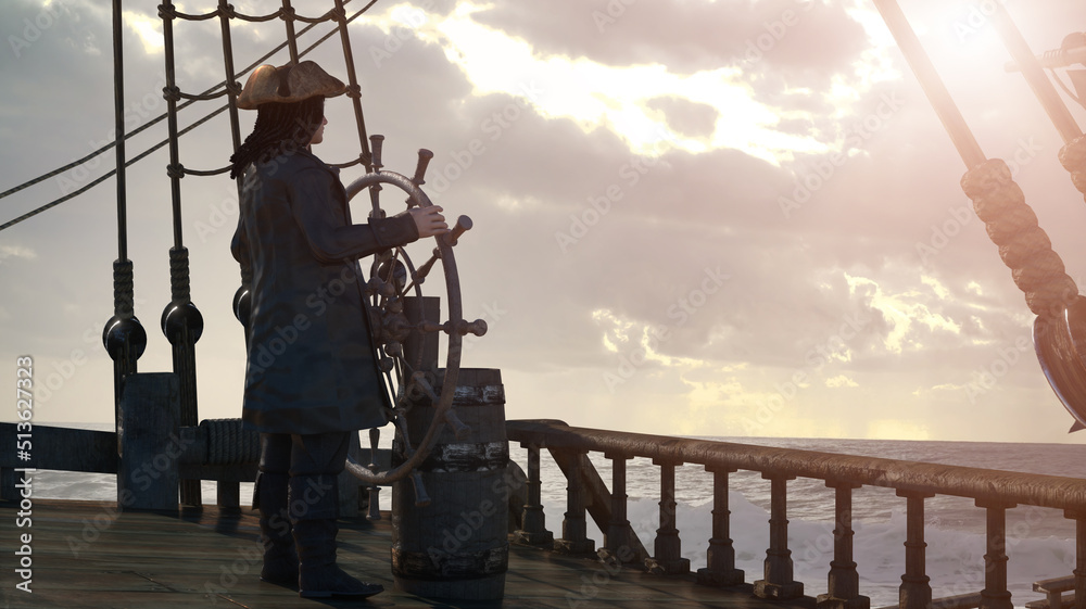 Fototapeta premium the pirate captain holds the ship's steering wheel and sails across the sea on a sailing pirate ship render 3d