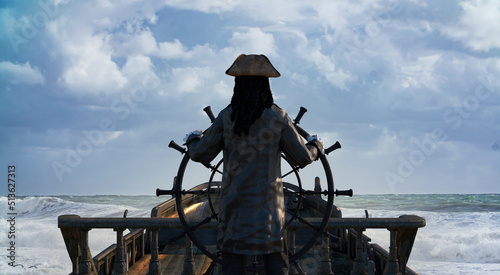 the pirate captain holds the ship's steering wheel and sails across the sea on a sailing pirate ship render 3d