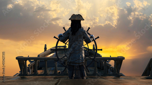 
the pirate captain holds the ship's steering wheel and sails across the sea on a sailing pirate ship render 3d