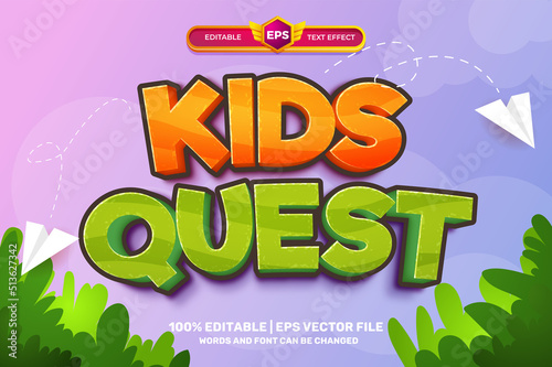 Kids quest comic cartoon game tittle Bold 3D Editable text Effect Style