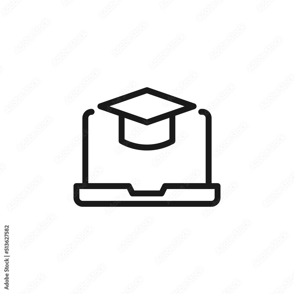 Science and education sign. Minimalistic monochrome vector symbol. Suitable for adverts, sites, articles, books. Vector line icon of square academic cap in over laptop monitor Science and education sign. Minimalistic monochrome vector symbol. Suitable for adverts, sites, articles, books. Vector line icon of square academic cap in over laptop monitor