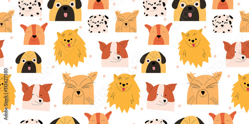 Dog emotion portrait seamless pattern. Cute dog characters. Vector illustration in a flat style.