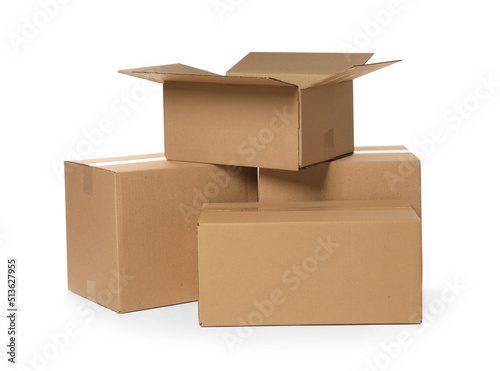 Many cardboard boxes on white background. Delivery service