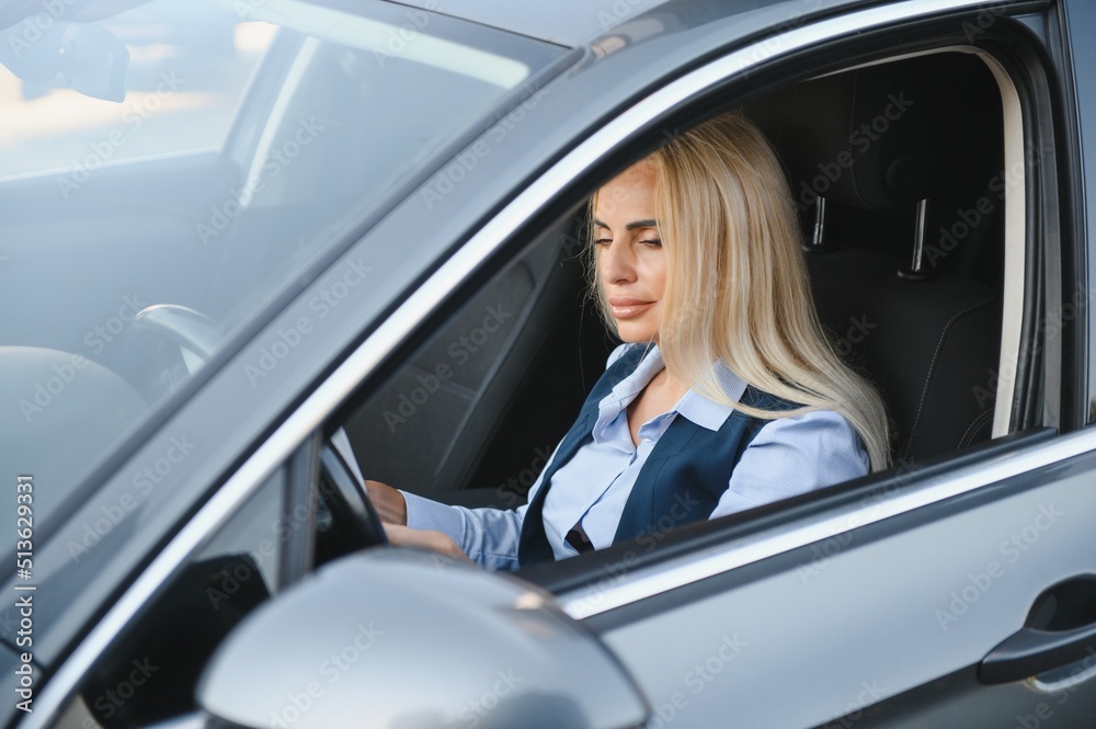 Portrait of business elegant middle-aged woman in car.