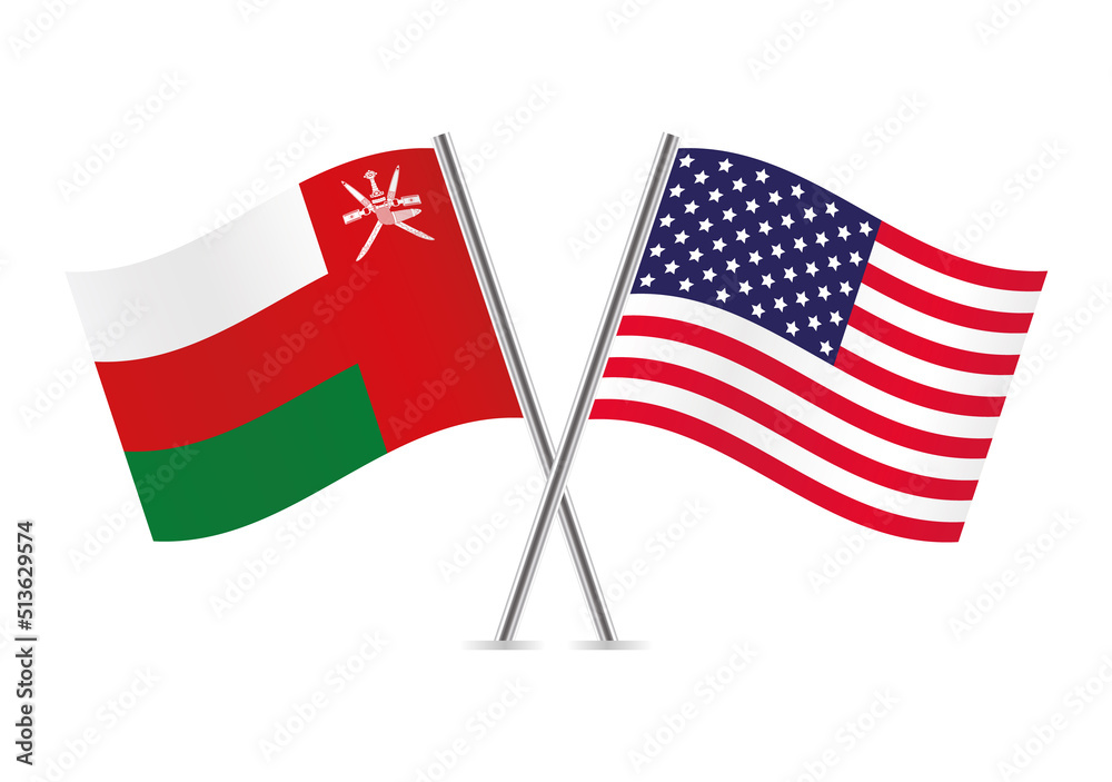 Oman and America crossed flags. Omani and American flags on white background. Vector icon set. Vector illustration.
