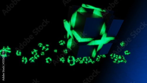 Green illuminated black cubes under black-blue background. Block chain network technology concept illustration. 3D illustration. 3D CG. 3D high quality rendering. 