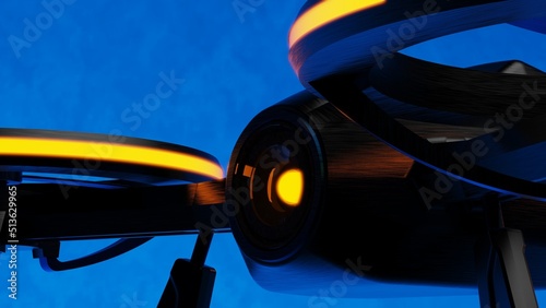 Powerful black drone loaded with some of orange light, most advanced imaging and flight technologies under blue-black background. Concept image of video production. 3D CG.