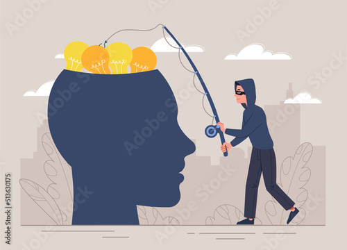 Idea thief concept. Man with fishing rod steals light bulbs from abstract head silhouette. Copyright protection. Robber or scammer on internet, online crime. Cartoon flat vector illustration
