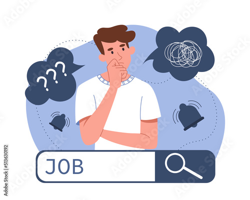 Job search concept. Man looking for suitable vacancies, aspiring specialist. Pensive guy near search box, metaphor for financial crisis and economic problems. Cartoon flat vector illustration