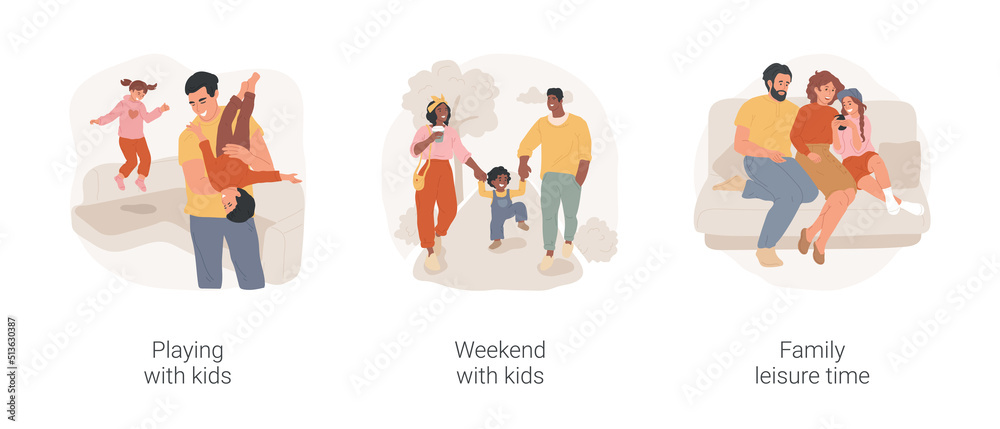 Leisure time with children isolated cartoon vector illustration set. Parents playing with kids, have fun together, spend weekend with children, family leisure time, relax at home vector cartoon.