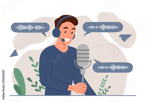 Man recording podcast. Guy stands behind microphone, host of radio show. Production of audio files, interesting content for social networks. Modern technologies. Cartoon flat vector illustration