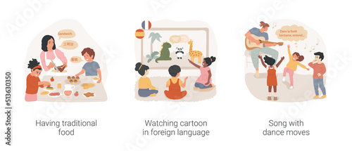 Creative learning of foreign language isolated cartoon vector illustration set. Having traditional food, watching cartoon in foreign language, song with dance moves, cooking class vector cartoon.