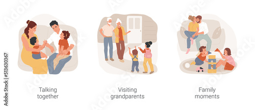 Family happy moments isolated cartoon vector illustration set. Family members talking together, sitting in living room, visiting grandparents, happy grandchildren, good moments vector cartoon.