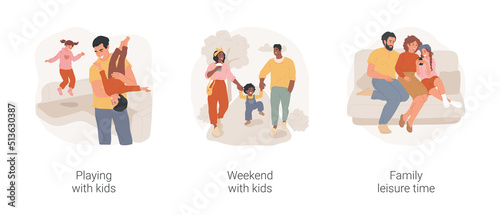 Leisure time with children isolated cartoon vector illustration set. Parents playing with kids, have fun together, spend weekend with children, family leisure time, relax at home vector cartoon.