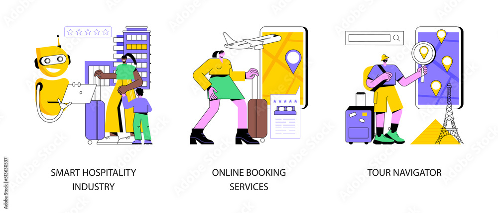 Trip planning abstract concept vector illustration set. Smart hospitality industry, online booking services, tour navigator, holiday planner, travel guide mobile app, ticket abstract metaphor. Trip planning abstract concept vector illustration set. Smart hospitality industry, online booking services, tour navigator, holiday planner, travel guide mobile app, ticket abstract metaphor.