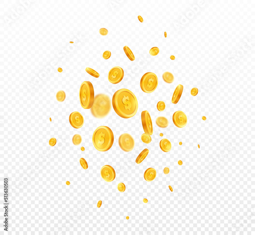 Falling gold coins. Dollars isolated on transparent background. Graphic elements for holding lotteries on website and rewarding winners. Success and fortune. Realistic isometric vector illustration