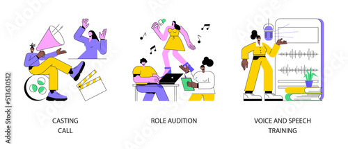 Modelling agency abstract concept vector illustration set. Casting call, role audition, voice and speech training, talent search, acting skills, speech coach, vocal exercise abstract metaphor.