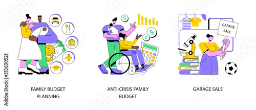 Family income abstract concept vector illustration set. Family budget planning, anti-crisis family budget, garage sale, expense management, financial household plan, flea market abstract metaphor.