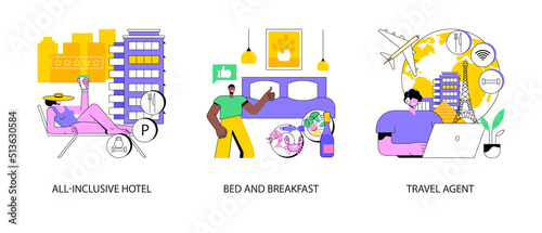 Hospitality resort abstract concept vector illustration set. All-inclusive hotel, bed and breakfast, travel agent, amily vacation, beach bungalow, sea shore, summer season, check in abstract metaphor.