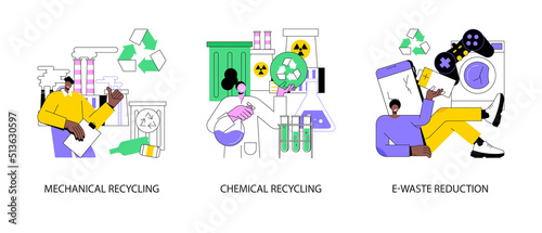 Waste management abstract concept vector illustration set. Mechanical and chemical recycling, e-waste reduction, trash disposal and utilization, electronics trade-in and reuse abstract metaphor.