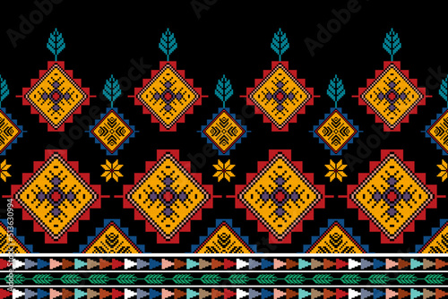 Ikat ethnic textile motif seamless pattern design. Aztec fabric carpet mandala ornaments textile decorations wallpaper. Tribal boho native turkey traditional embroidery vector background 