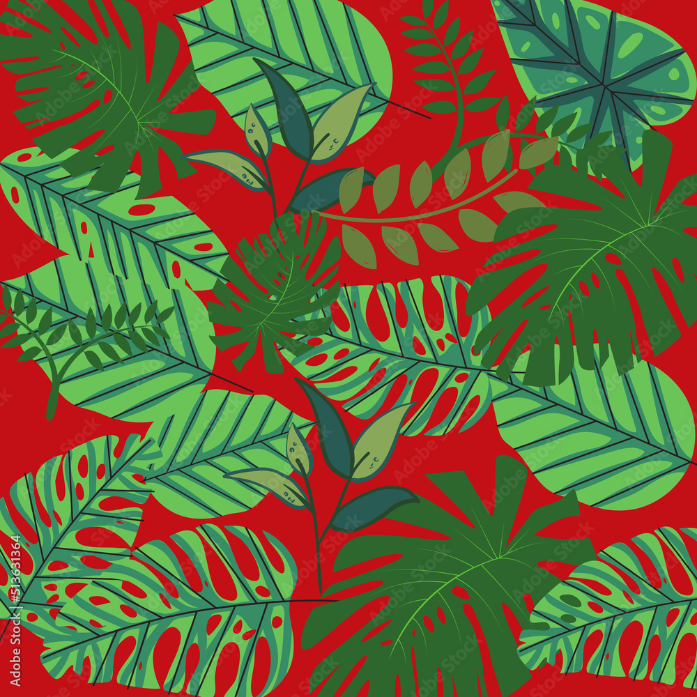 Green Leaf Art on Red Green Leaf Art on Red
