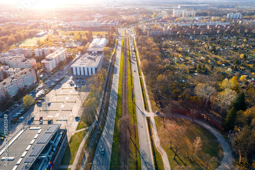 Aerial view of city traffic, trams and cars in Wroclaw city, Poland photo