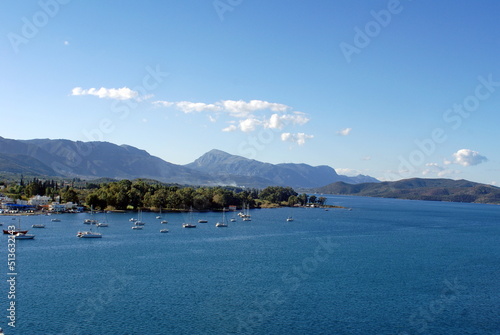 Boats moored in the Saronic Gulf outside of Poros, Greece