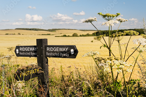 The Ridgeway. Sign on 5000 year old long distance path seen between Uffington Castle and Wayland’s Smithy. Oxfordshire, England photo