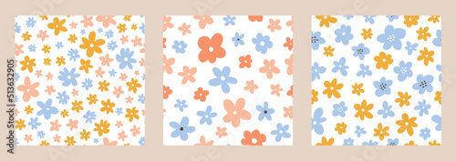 Collection of cute seamless patterns with spring flowers. Vector illustration in hand-drawn flat style. Perfect for print, decorations, wallpaper, wrapping paper, cards. Simple botanical backgrounds.