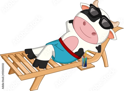 Cute cow relaxing on deck chair