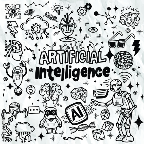 Artificial intelligence doodle vector illustration background, hand drawn © 9george