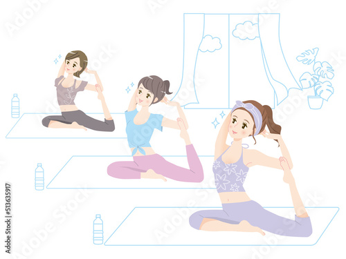ヨガをする若い女性達のイラスト素材セット