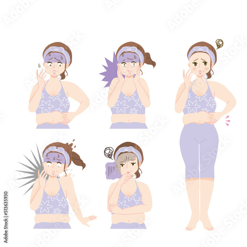 太ってショックを受ける女性のイラストセット素材