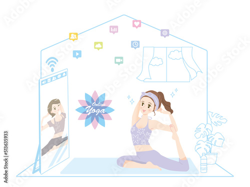 オンラインヨガをする若い女性のイラスト素材