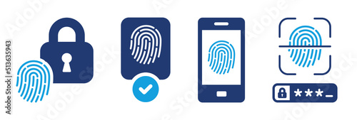 Fingerprint identification icon vector set. Thumbprint biometric technology for password security concept illustration.