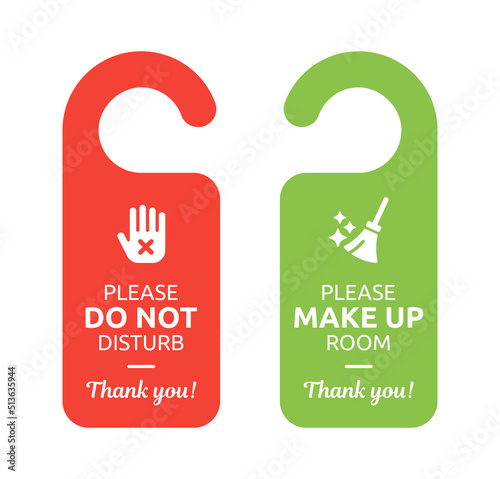 Please do not disturb hanging sign and please make up room concept for hang door hotel symbol illustration. 