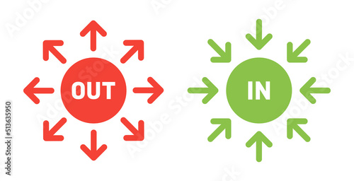 Outside and inside circle and arrow vector symbol illustration. Red OUT and green IN sign.
