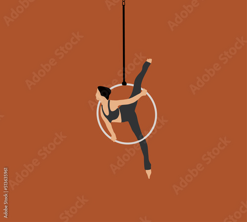 Woman doing gymnastic hanging in aerial hoop. Aerial yoga Cartoon Vector Illustration. Wellbeing concept