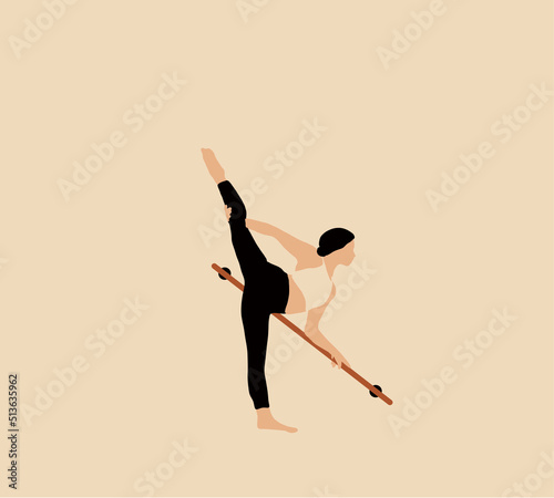 Woman in sportswear stretching legs near the ballet barre before dancing. Cartoon flat vector illustration.
