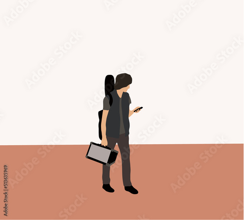 Man carrying guitar case and speaker using smart phone walking with musical instrument outdoors. on street. Guitarist concept.