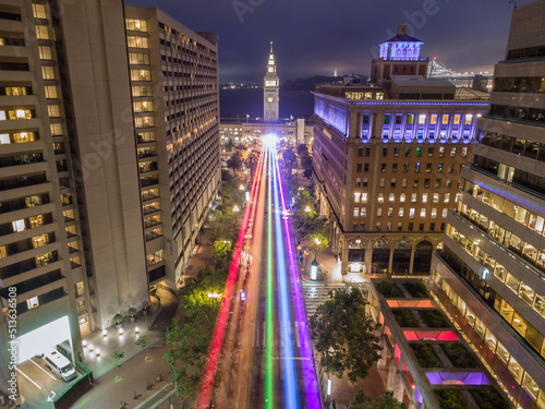 Laser Lights Over San Francisco Market Street at Night During Pride Weekend