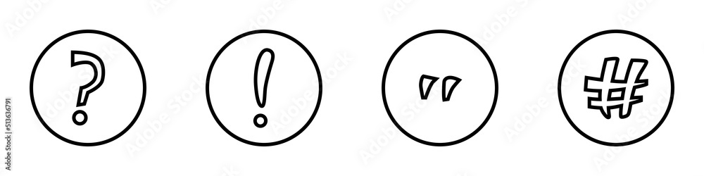 Conjunto de iconos de signos y símbolos. Interrogación, exclamación, comillas, numeral. Ilustración vectorial estilo simple Conjunto de iconos de signos y símbolos. Interrogación, exclamación, comillas, numeral. Ilustración vectorial estilo simple