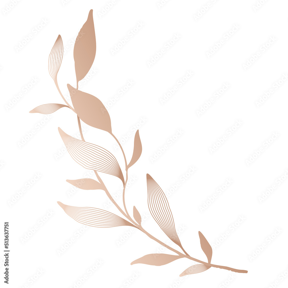 Single golden branch isolated on white. Elegant luxury leaf in minimalist style for invitation card. Single golden branch isolated on white. Elegant luxury leaf in minimalist style for invitation card.