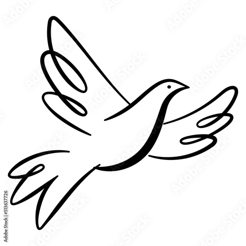Creative outline dove illustration. Linear bird icon. Peace and freedom symbol on white background.